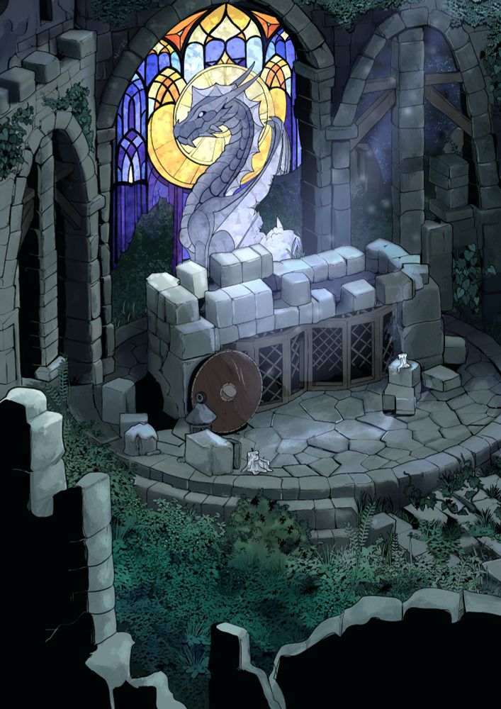 a shot of the ruins of argynvostholt - a famous ruin from the curse of strahd campaign. an alter lies in the middle of the scene, surrounded by bricks and overgrown shruberry. a shield and unlit candles decorate the alter. in the background, a stained glass mural depicting argynvost, the silver dragon. 