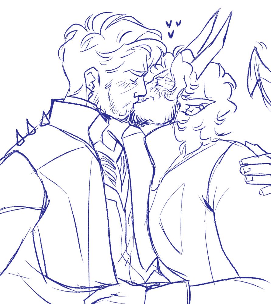 will and nate in a superhero au - nate is dressed in clothes that he doesn't normally wear as his hero identity which is a leather jacket with spikes on the shoulders and a surprisingly whorish shirt with the chest cut out so you can see his tits. he is kissing will who has horns and a tail like nightcrawler in this au. will is smiling into the kiss.