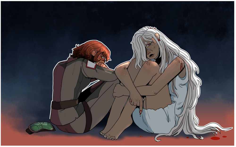 digital drawing of two ocs sitting on the floor. closest to the viewer is the oc dove (owned by mic). she has scratches on her shoulders, and ripped up fingernails. she's wearing all white. she has her head rested on her knees and looking away, crying. her friend fay (owned by beau) is sitting beside her but looking away. she has short brown hair, and beside her is a broken set of goggles. the energy in the room is not good