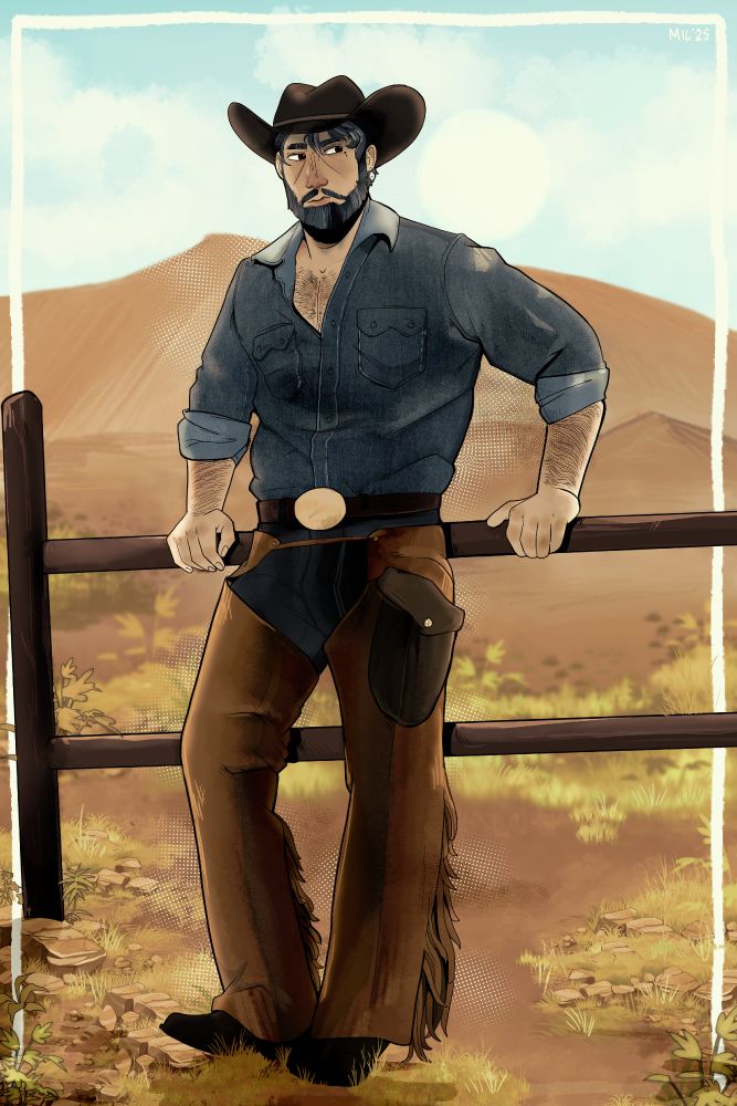 a picture of my oc, nate - dressed in a cowboy. he's wearing brown chaps and a cowboy hat. he's wearing double denim and he's leaning against a fence. he's frowning. he's everything to me