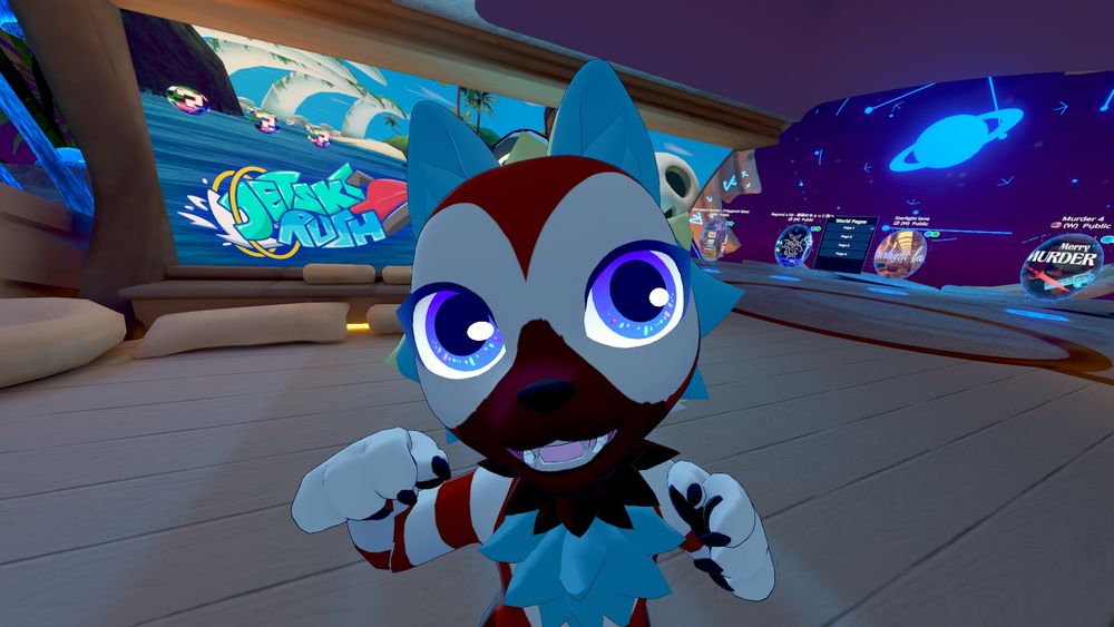 A multicolored furry fox avatar, close up portrait, smiling, looking at the viewer