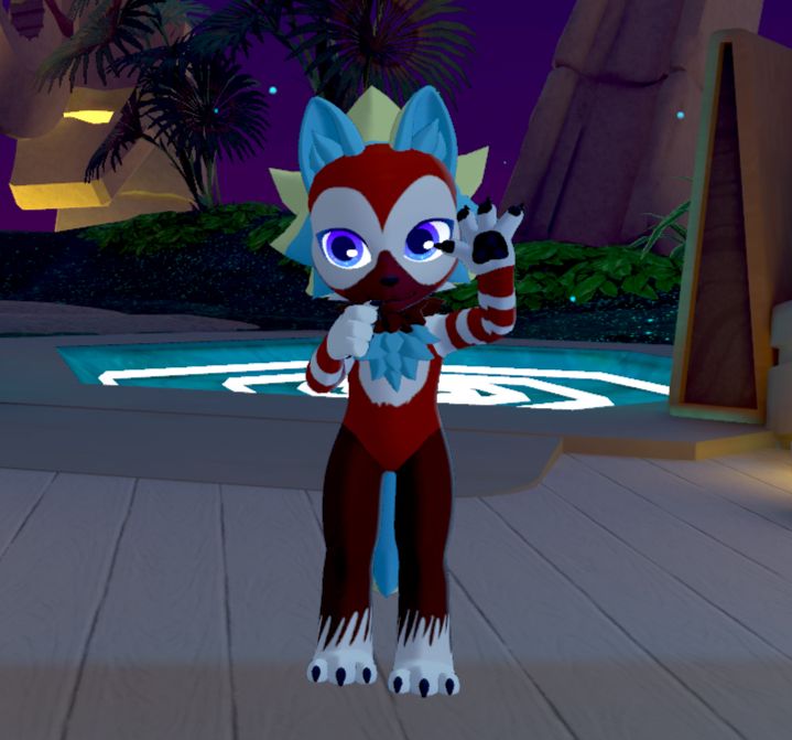 A multicolored furry fox avatar in VR waving his hand