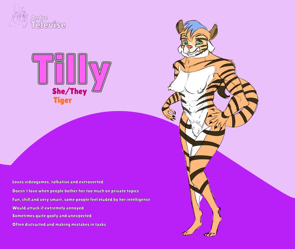 A reference drawing of tilly the tiger, an anthropomorphic tiger fursona, who goes by she/they