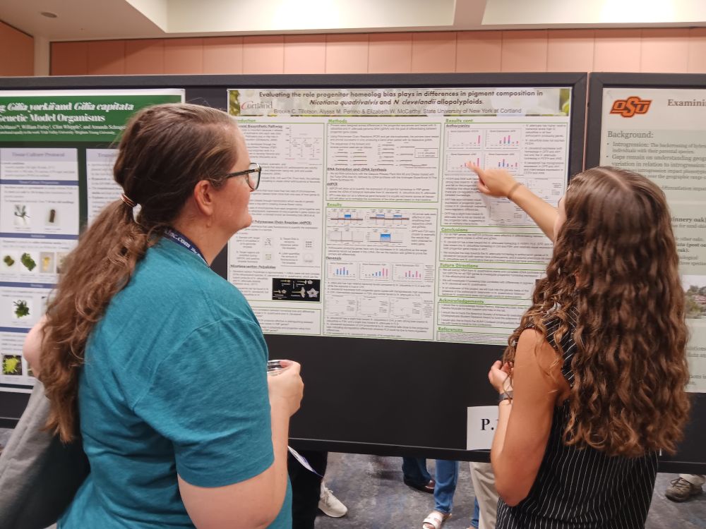 Undergrad woman scientist pointing at her poster to present it to a colleague