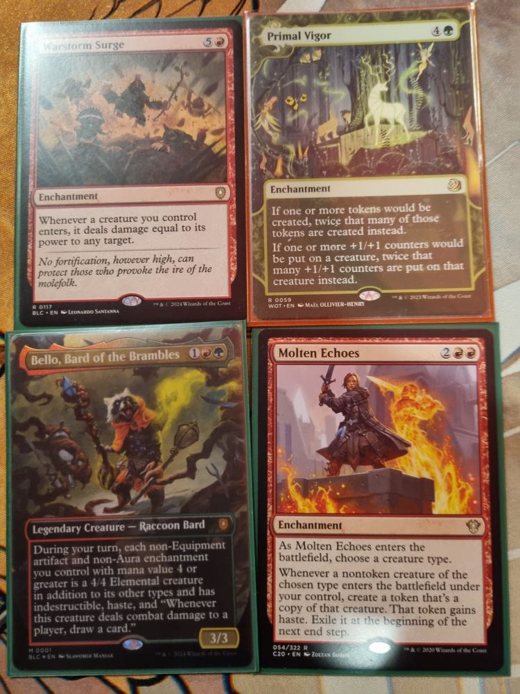 A picture of the Magic: The Gathering cards Warstorm Surge, Primal Vigor, Bello Bard of the Brambles and Molten Echoes