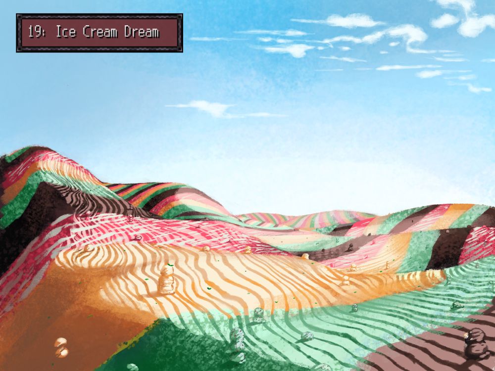 2kki location: Ice Cream Dream. An open desert landscape with soft sloping dunes made of ice cream, in stripes of different flavours: mint, vanilla, strawberry, chocolate. Round scoops of each flavour stack into small pillars across the landscape. Urotsuki is chewing at a scoop of chocolate.