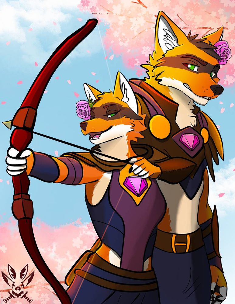 Two anthropomorphic fox twins stand under blooming cherry blossoms, dressed in fantasy-style armor with glowing pink gem emblems. One twin, with a bow drawn and a determined smirk, is aiming an arrow while the other stands behind, confidently adjusting their form with a teasing expression. Both wear rose crowns and share similar orange-and-white fur patterns, highlighting their sibling bond and rivalry.