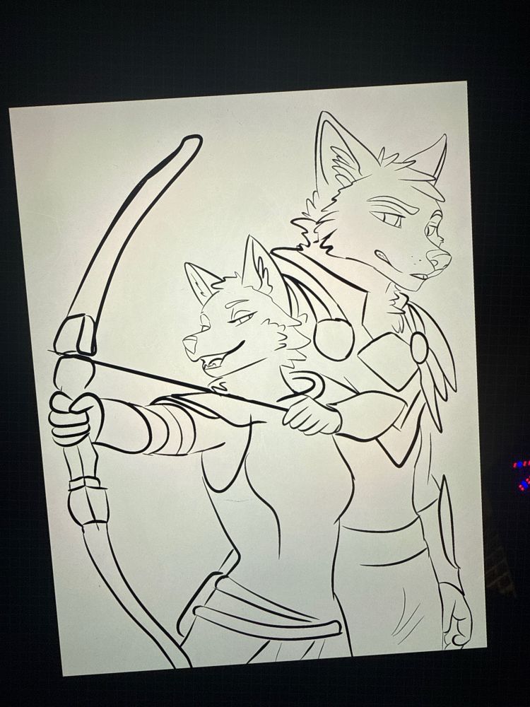 Two fox twins, one older brother watching as his sister takes a perfect shot with her bow. She has the bow string drawn and ready as she coyly asks for her brother to watch. 