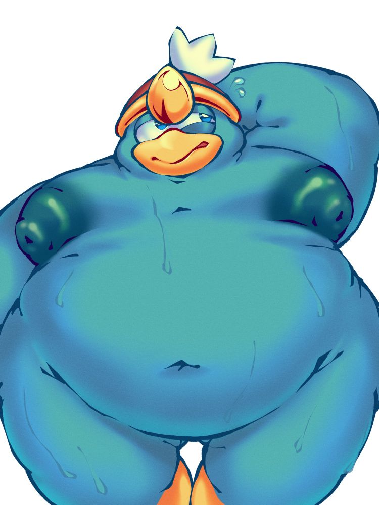 King Dedede without clothes and sweaty, sitting with a bashful expression 