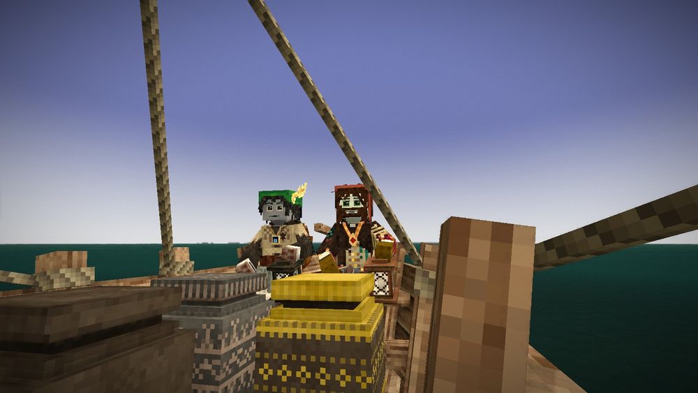 Vintage Story screenshot featuring Spike and Matt's blocky in-game avatars in their blocky in-game boat.