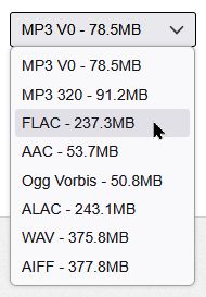 Several download options inlcuding two MP3 formats, FLAC, AAC, Ogg Vorbis, ALAC, WAV, and AIFF, and file sizes for each