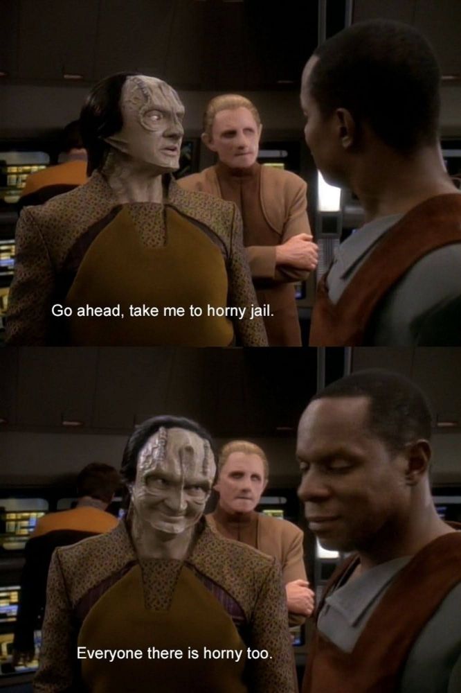 Meme with Star Trek: Deep Space 9's Garak telling Sisko: "Go ahead, take me to horny hail. Everyone there is horny too."