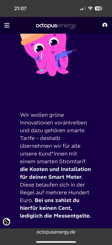 Screenshot der Webseite von Octopus Energy mit dem Text: "Wir wollen grüne Innovationen vorantreiben und dazu gehören smarte Tarife – deshalb übernehmen wir für alle unsere Kund*innen mit einem smarten Stromtarif die Kosten und Installation für deinen Smart Meter. Diese belaufen sich in der Regel auf mehrere Hundert Euro. Bei uns zahlst du hierfür keinen Cent, lediglich die Messentgelte."