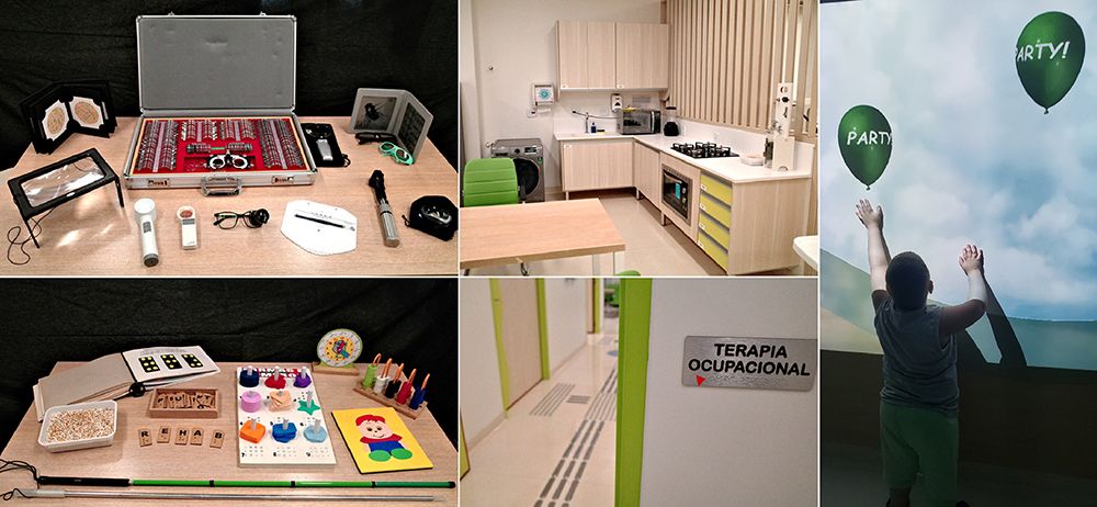 Collage of images showing different ophthalmic rehabilitation materials and tools, including optical devices and tests for visual impairment; nonoptical devices for visual, orientation, and mobility training; house setup for fine motor skills, orientation, and mobility training; tactile floor and room signs; and a virtual-reality platform for children with new-onset low vision.