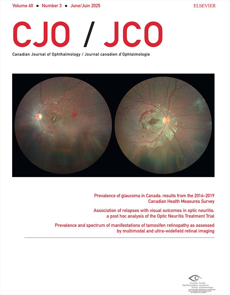 Cover of the June 2025 issue of the CJO. The background is white. The journal name, issue, and volume appear in red and black print at the top. An picture featuring two fundus images is in the centre, and the names of three articles are featured below the image. 