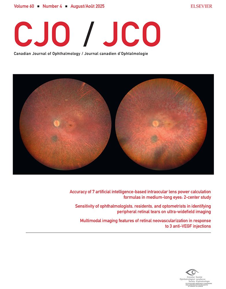 Cover of the August 2025 issue of the Canadian Journal of Ophthalmology (CJO). Cover is white with red and black text, and it features two reddish-orange fundus images on a black background in the centre-top.