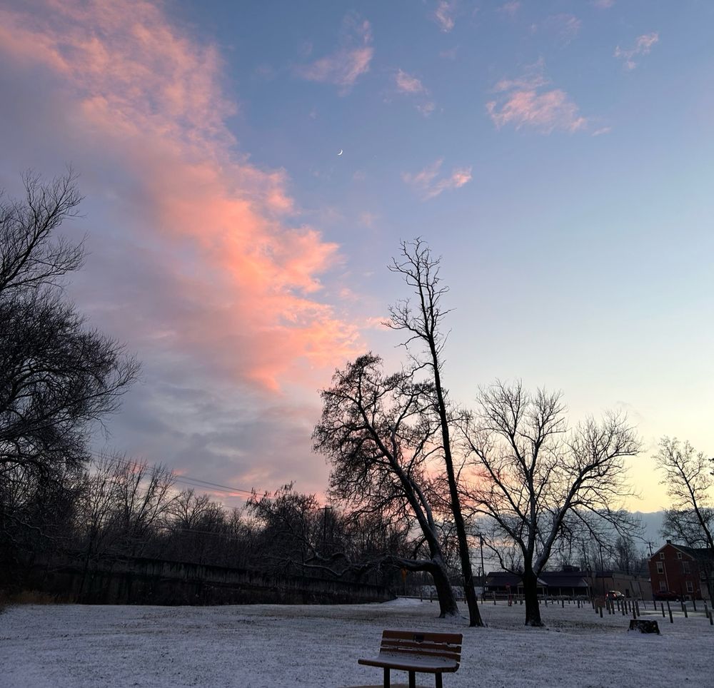A cotton candy sky over a snowy park. 