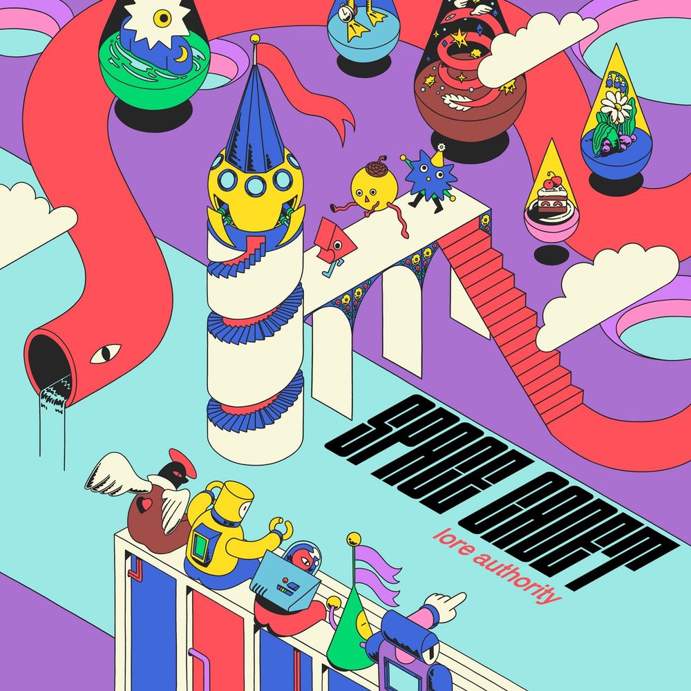 Album art depicting a fantasy scene drawn in isometric perspective of a purple, moon-crater landscape where a long red snake winds around a central white tower-rocket ship and pours water from its mouth into a river. In the foreground strange colorful astronaut fellows cheer from the grandstands as a trio of geometrically shaped creatures walk the bridge to enter the space ship tower. In the background, tear-drop shaped terrariums host strange little scenes such as a miniature dragon, a slice of Black Forest cherry cake and flowers amping other strange creatures. The type on the cover says "SPACE CADET" and "lore authority"