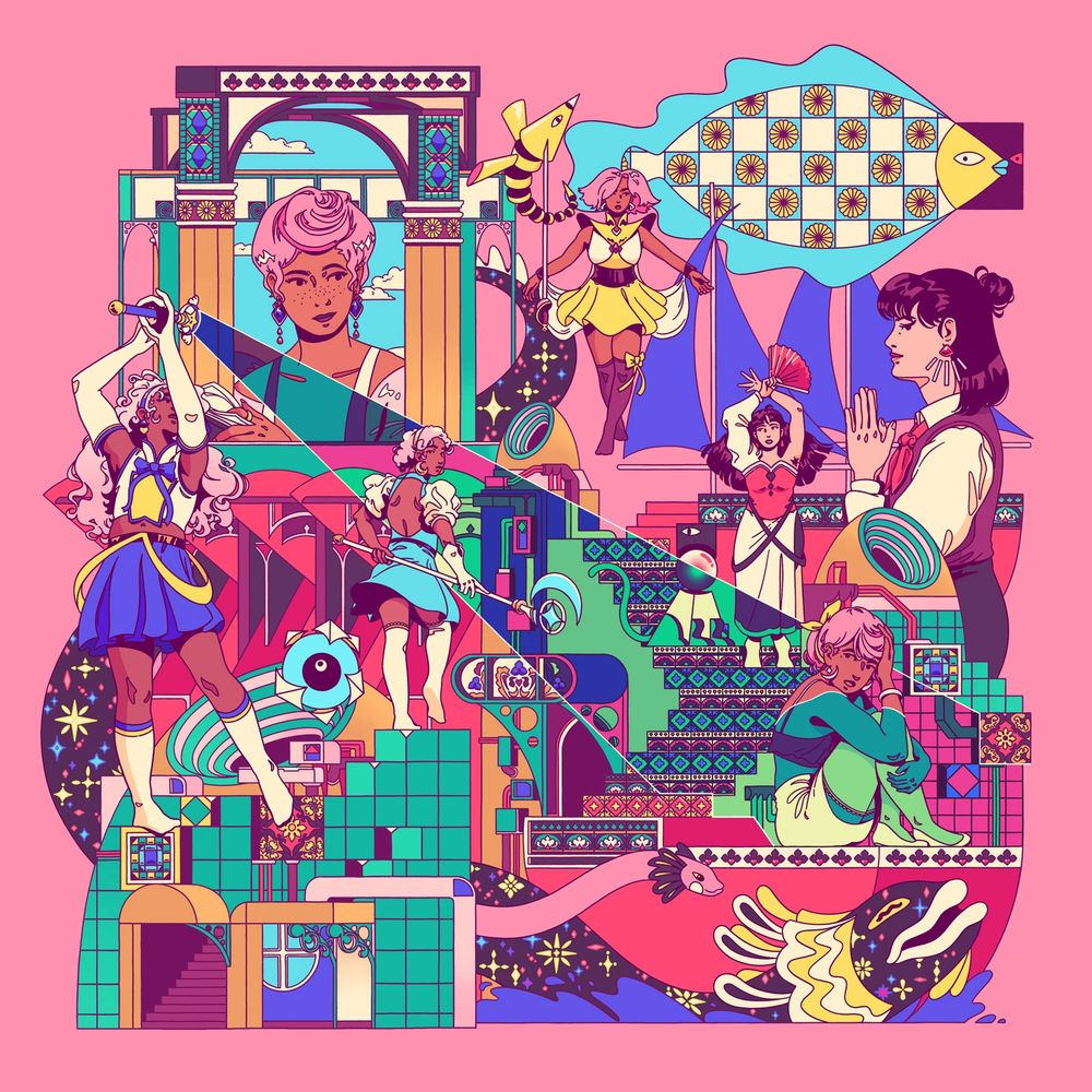 A vibrantly-colorful illustration of a highly detailed, miniature enclosed world. There are various magical-girl-style costumed femme figures who are posed and moving within a blocky, art-nouveau architecture inspired landscape colored in teal, purple, brass and silver. The scene does not follow standard linear perspective but has a flattend, isometric-abstract perspective (so figures like a mysterious woman observing out from a window in the top left are much larger than the women and girls in front of her. There are 3 central main-character girls in middle ground (color-themed in cyan, yellow and red) who are posed with their magical weapons/tools, such as a fan, sword, and moon staff, and are accompanied by their blocky magical support creatures (I imagine acting like stands or pokemon?). The top yellow-sword girl has pink hair, and appears related to the mysterious aforementioned window-woman. At left is an older magical-woman (the older sister of the cyan-moon girl?) raising a staff emitting ray of light that inverts the colors of the world in it’s path, which is shining on a moody, crouched girl who also has pink hair at the bottom right. Above the crouched girl is another professionally demure, office-dressed woman with hands clasped in prayer (the older sister of the red fan girl?). The humans are diverse and are imagined in a variety of black, brown and white skin tones. Below everyone a black-colored axolotl serpent decorated with stars and sparkles slithers through the landscape and splashes into water, and tagging along is its baby serpent. Many parts of the landscape are decorated with intricate tile work and stained glass pattern elements. Different blocks, piping and wires flow in and out of the different buildings, while two large sails are set in the top right background, above which floats a large, founder like fished decorated with a flower tile pattern.