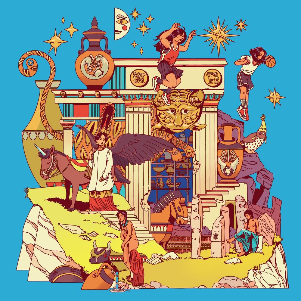 A colorful, digital, graphic line-art style illustration of a miniature fantasy island made up of hills on stone cliffs under a large Ancient Greek-looking temple. Around the island at different points are non-realistically sized and different representations of Greek pottery, a Trojan Horse and mythical Bull sculpture, and small representations of the Mongolian “Deer Stones.” There are many different animal/mythical iconography decorations from the Scytho-Siberian visual culture. Standing on the island are two nude bathing woman based on Ancient Greco-Roman statue forms. Watching them is a fantastical woman with black eagle wings standing next to a unicorn. She is dressed like the famous Siberian Ice Princess mummy, of the Scythian culture. Jumping in the air above everyone are two modern teenage girls (implied to be descendants of the other people in the illustration) playing basketball. In the middle temple, a strange feline-tiger creature with a bronze-mask head peers out, guarding an inner inventory of hold pottery and golden objects. 