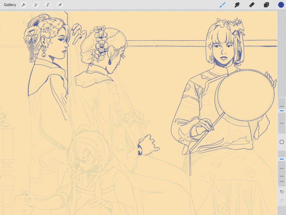 Blue pencil drawing in-progress fan art of some of the ladies of Bungo Stray Dogs: Kouyou, Yosano, and Kyouka petting a cat while her Demon Snow avatar is playing a reed flute above her. 