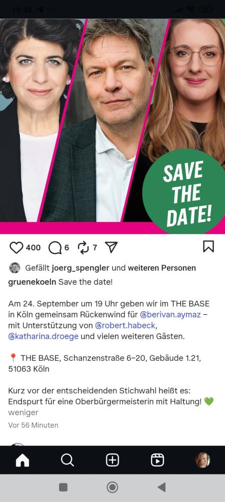 Ankündigung eines Wahlkampftermins der Grünen Köln (Stichwahl Oberbürgermeisterin) mit Berivan Aymaz, Katharina Dröge und Robert Habeck, 24.09.2025 19:00 Uhr in der Schanzenstraße 6-20 Gebäude 1.21 "The Base"