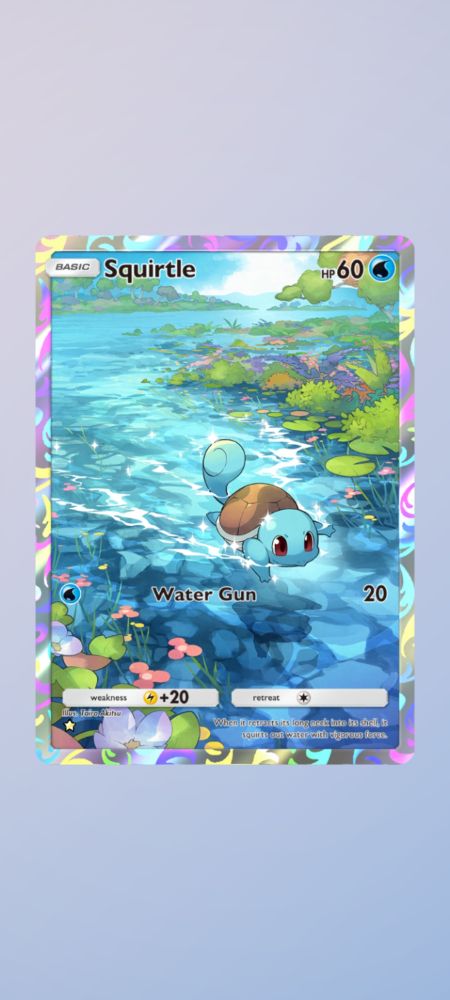 A pokemon trading card showing Squirtle swimming in a river. The card is holographic and the design covers the whole card.