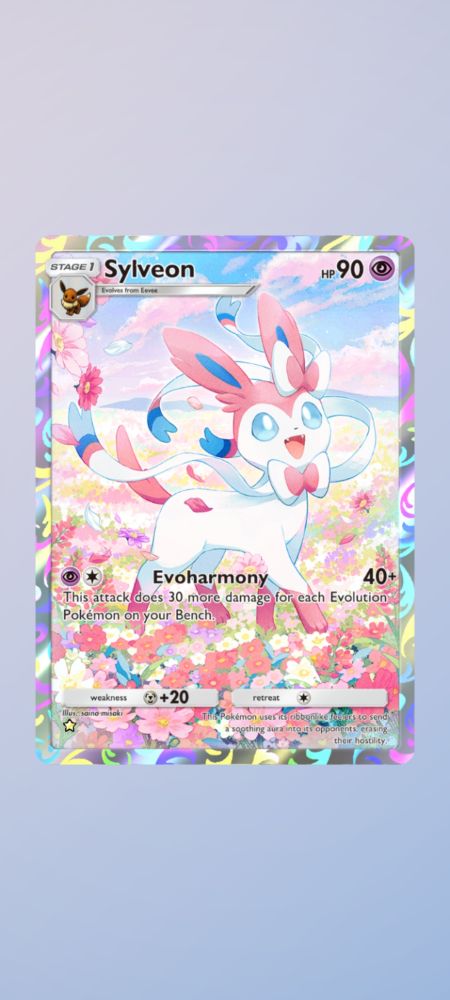 A pokemon card showing Sylveon walking through a field of flowers. The card is holographic and the design covers the whole card.