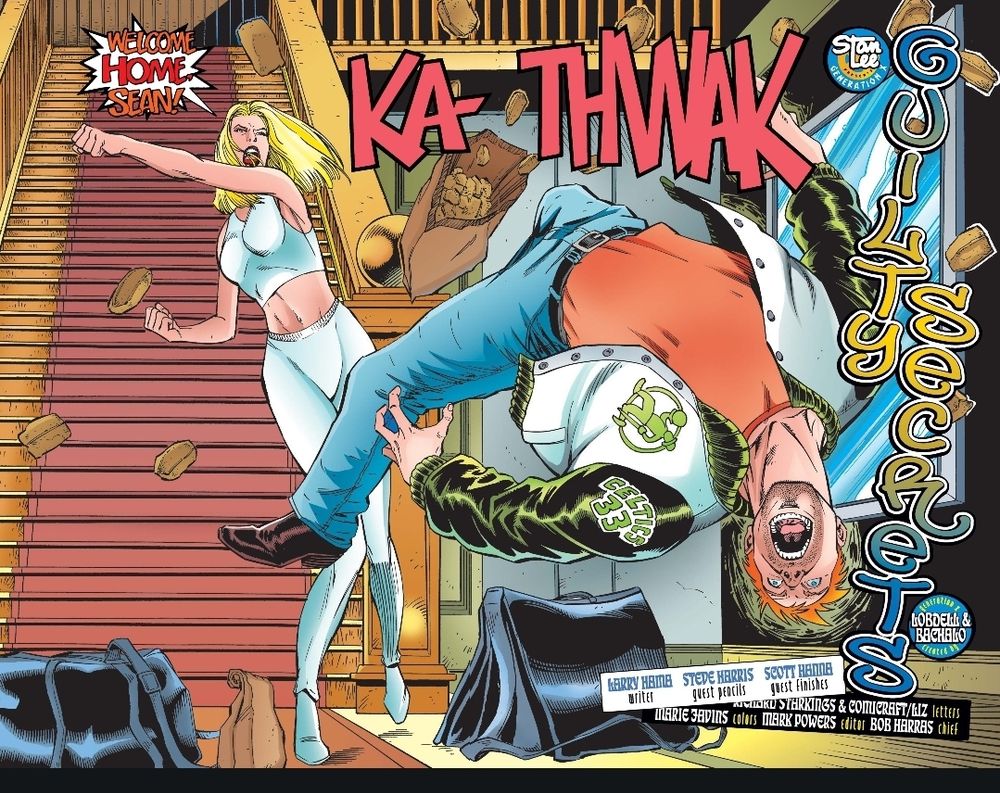 A double page spread of Emma Frost punching Banshee down a flight of stairs ad  she yells "Welcome home, Sean!" with a ka-thwak sound effect.