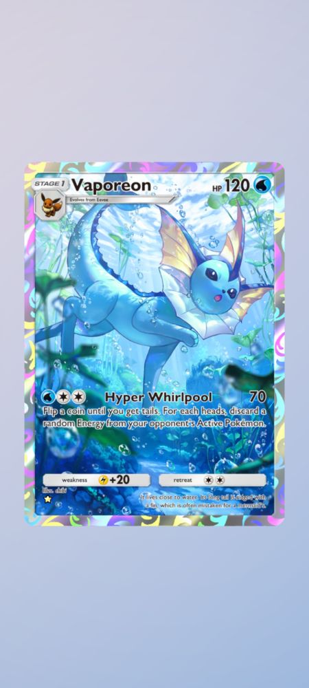 A pokemon card showing Vaporeon swimming underwater. The card is holographic and the design covers the whole card.