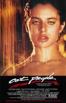 The movie poster for Cat People, featuring an attractive brunette with short hair.