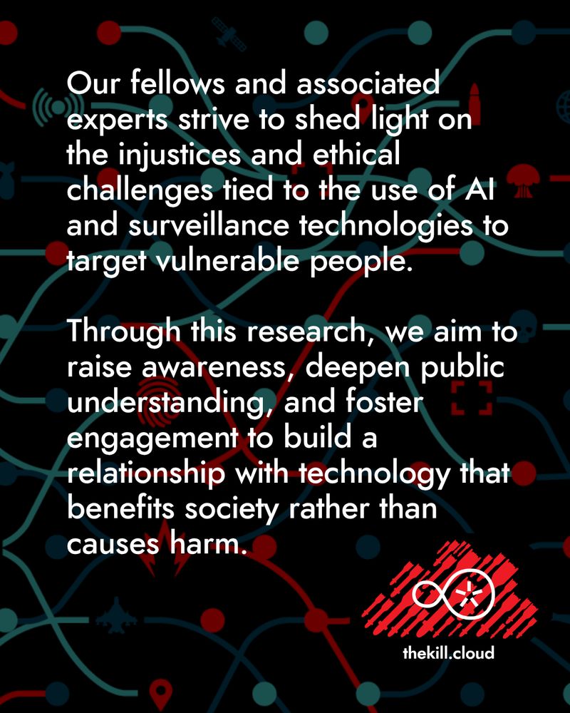 The second slide of the digital flyer post with black, blue, red patterns on the background. A continuation of text describing the investigation of the Kill Cloud- the topic of the Disruption Network Institute Fellowship of 2025-2026.