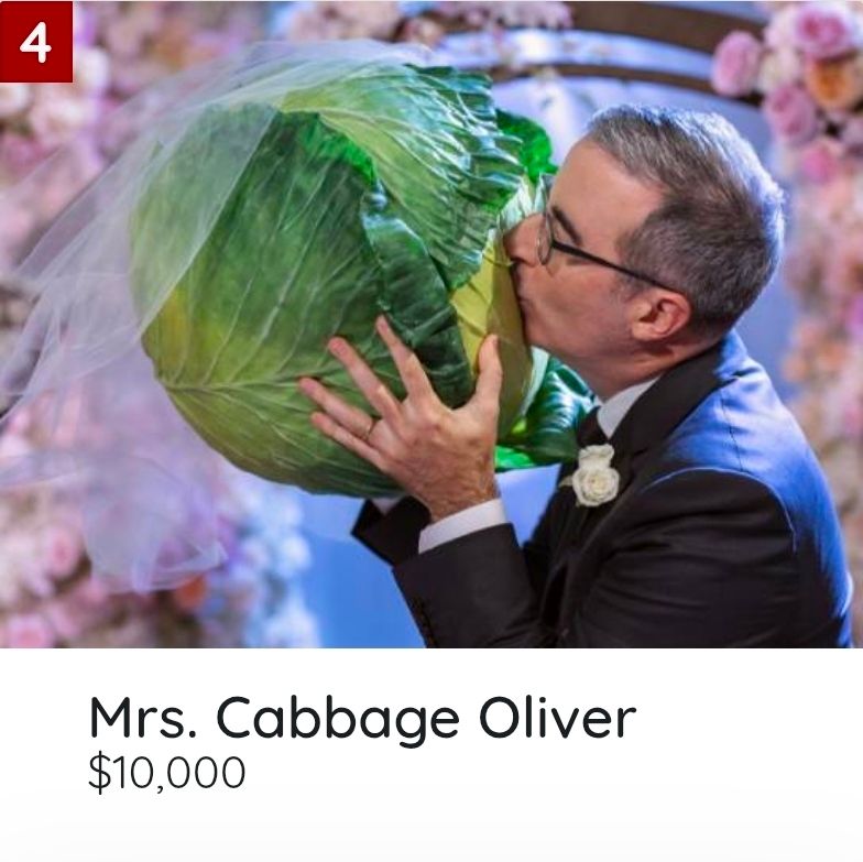Image of Mrs. Cabbage Oliver beige kissed by John Oliver at their non-denominational wedding.