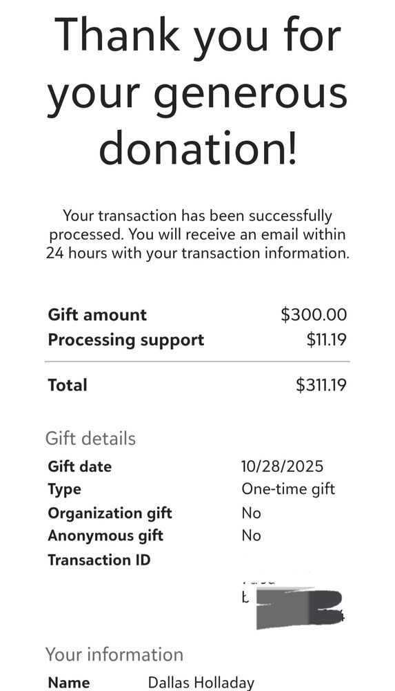 Receipt for a donation to a food bank.