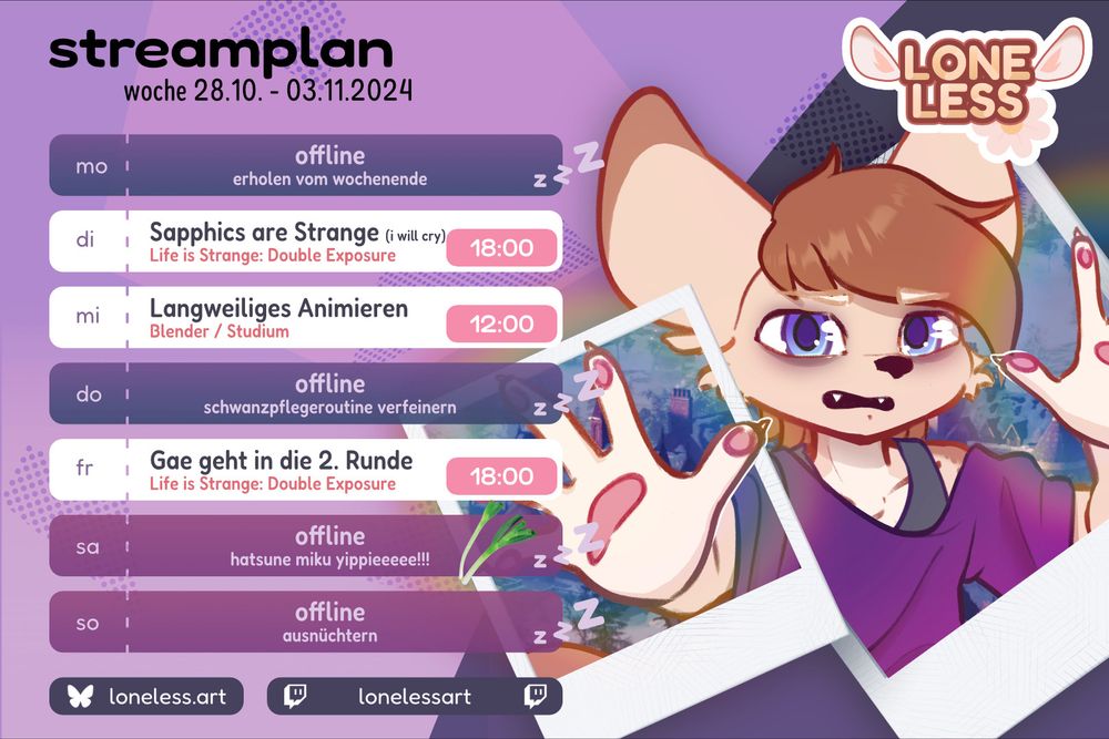 Streamplan 28.10.-3.11.

Dienstag 18 Uhr Life is Strange: Double Exposure
Mittwoch 12 Uhr Langweiliges Animieren (Studium)
Freitag 18 Uhr Life is Strange: Double Exposure