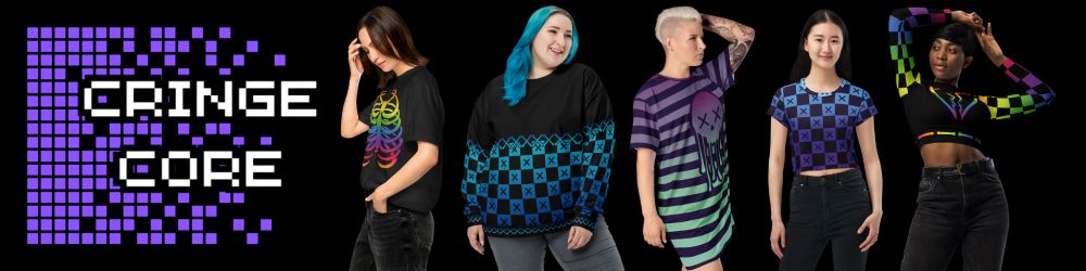 Image has a black background with purple pixels on the left side behind white text reading "Cringecore". Beside this is a number of models wearing clothing in dark and bright colors with various designs on them. 