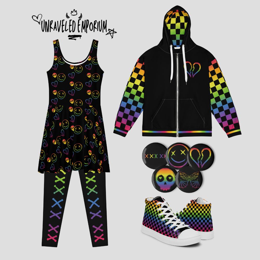 Text reads "Unraveled Emporium." Image features items in black with rainbow gradient patterns and designs, including checkers, sketchy drawings, and x's. 