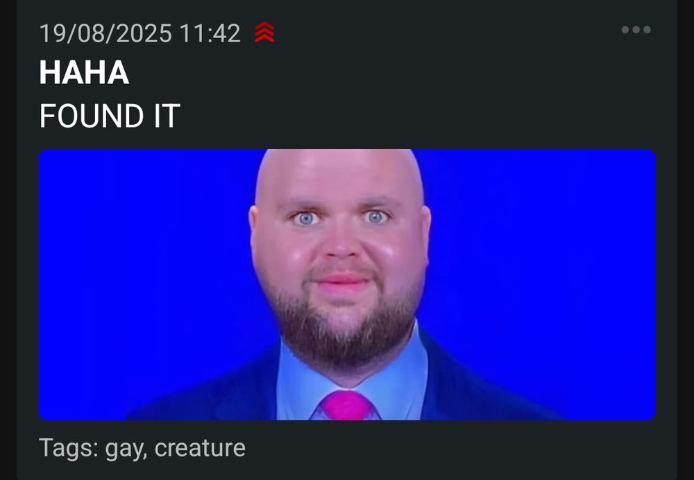 Ntfy notification marked as high priority. The header says "HAHA" and the body "FOUND IT". It is tagged with "gay, creature". Attached is an image of bald JD Vance