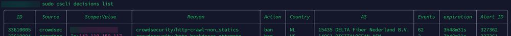 SSH session showing me running a command to show crowdsec decisions. Only the first entry is visible, with a reason of "crowdsecurity/http-crawl-non_statics", and an expiration of 4 hours from now