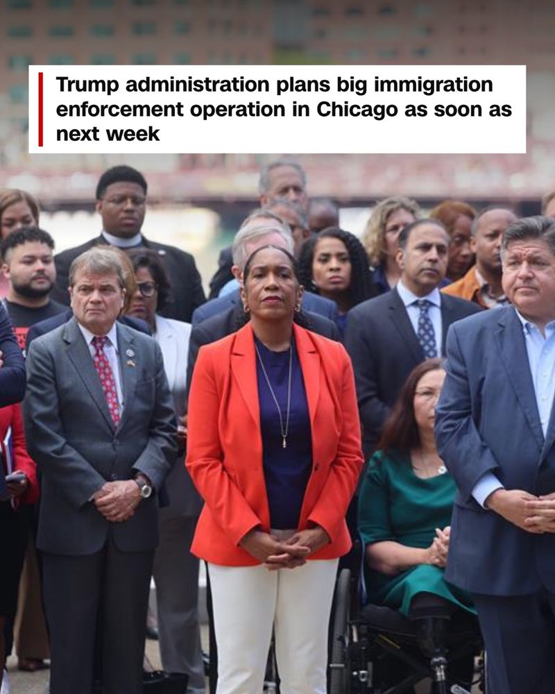 Lt. Governor Juliana Stratton stands with Governor Pritzker and other officials. The headline superimposed on the photo says “Trump administration plans big immigration enforcement operation in Chicago as soon as next week”.