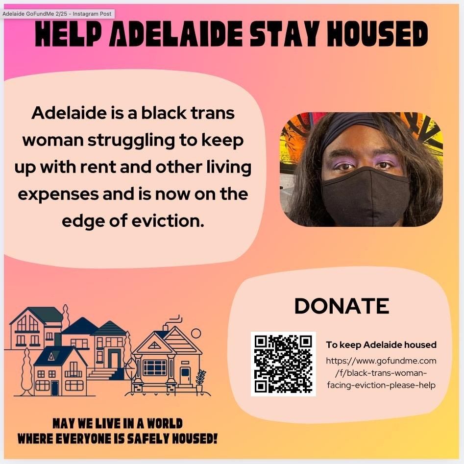 Image of an advertisement for my gofundme to avoid eviction. There is a photo of myself, a graphic of houses, a blurb explaining my housing situation, and a QR code that links to the gofundme