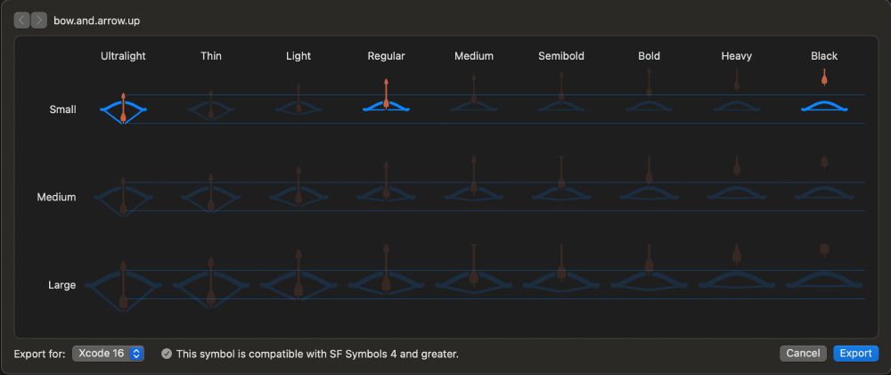 SF Symbol export dialog showing a bow and arrow pointing upward symbol. The ultralight version has the bow drawn with an arrow in it and as the weight move to regular and black the bow releases the arrow moves up and away.
