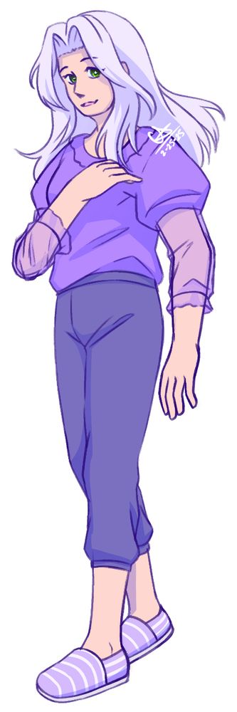 A drawing of a girl with white hair and yellow-green eyes, wearing a loose purple shirt with see-through sleeves, 3/4 length pants, and purple and white striped espadrilles.