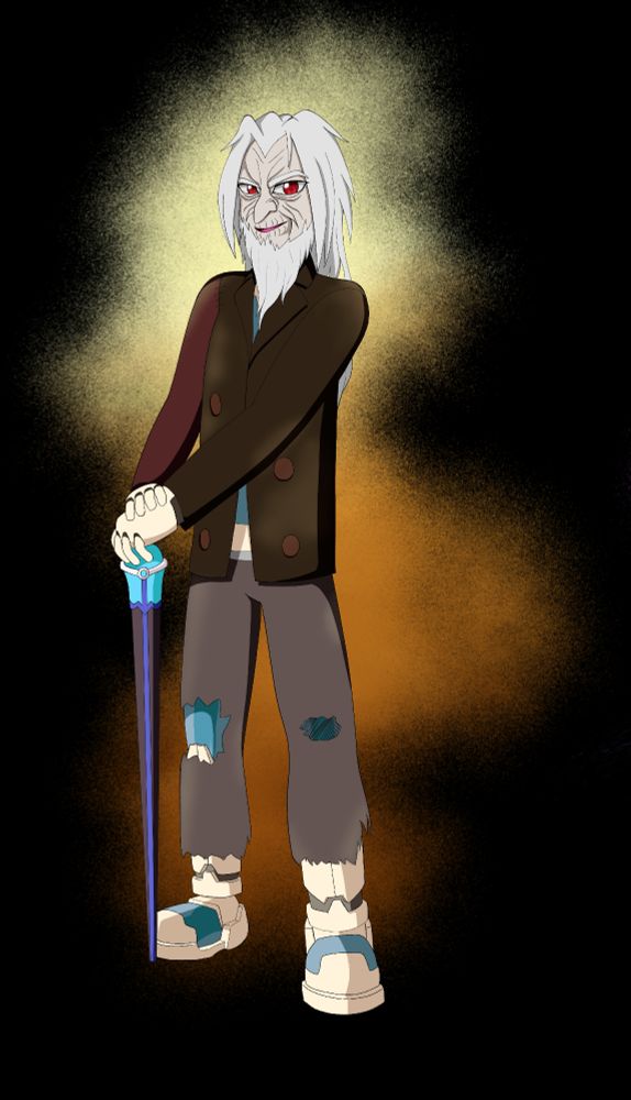 Shattered Glass Dr Weil. He has pale wrinkled skin with long and shaggy white hair. wears a worn ragged coat with a mismatched right arm sewn back on. Accompanying this is a torn pair of pants with several holes in it. These clothes are worn over a sunbleached mechanical body with blue accents, showing he's had these augmentations for a long time. Weil carries a cane with motifs based on Model W from ZX 