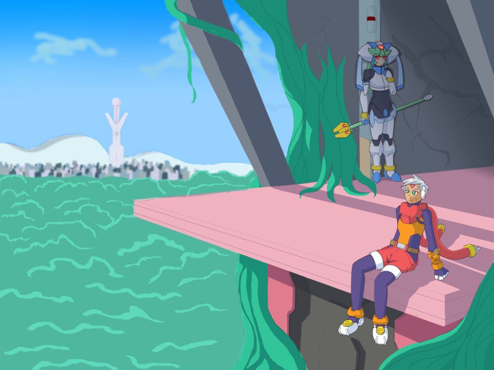 Grey from Megaman ZXA sitting on the edge of the Tower of Verdure overlooking a forest and distant city on a bright day. Pandora is standing behind him in shadow, refraining from sitting in the light.