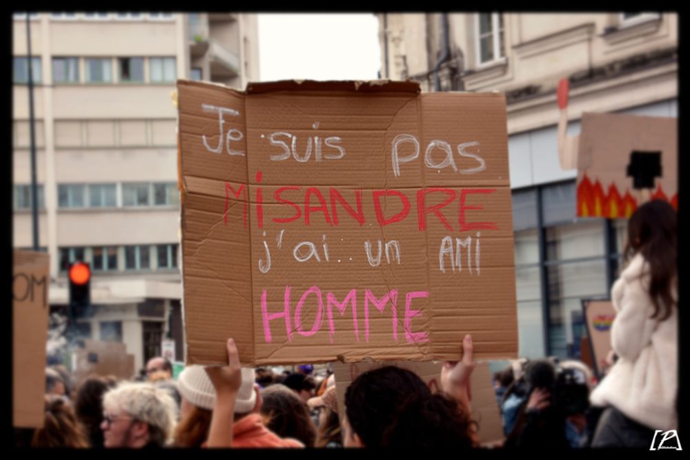 contexte manif', pancarte carton avec écrit dessus « Je ne suis pas misandre, j'ai... un ami homme » 