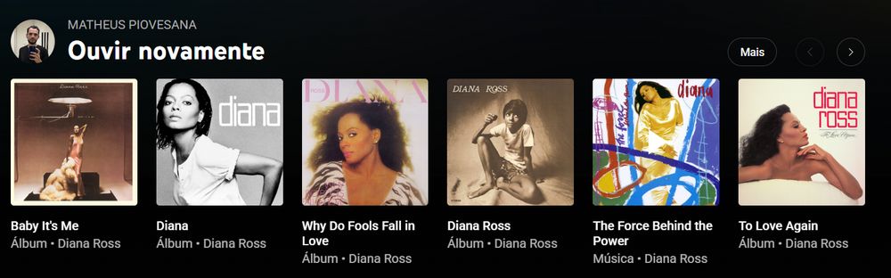 Print do meu perfil no YouTube Music que mostra que os últimos seis álbums que ouvi são de Diana Ross. Pela ordem: Baby It's Me (1977), Diana (1980), Why Do Fools Fall in Love (1981), Diana Ross (1970), The Force Behind The Power (1991) e To Love Again (1981).
