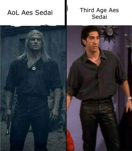 Cavill as the Witcher on the left and Schwimmer as Ross on the right. Above each image are the words: “AoL Aes Sedai” above Cavill and “Third Age Aes Sedai” above Schwimmer.