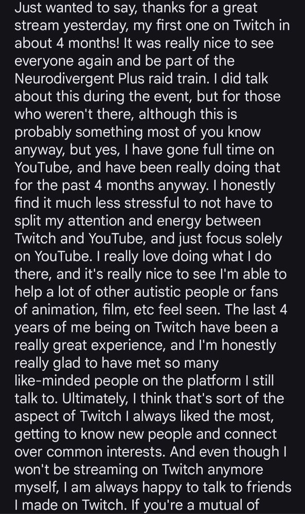 A screenshot of OtterlyNoah thanking people for the past 4 years of him being on Twitch, since he's moving onto YouTube!