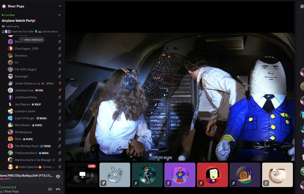 A screenshot of OtterlyNoah watching the classic 1980s comedy film Airplane! with his discord community 